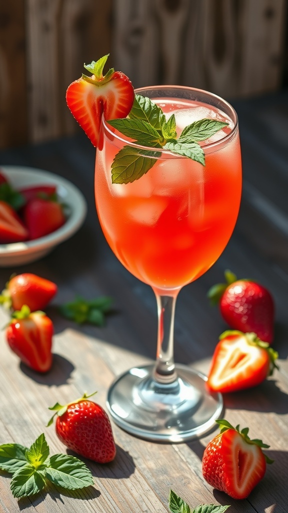 Refreshing Strawberry Basil Gin Smash cocktail in a glass garnished with basil and strawberries, on a wooden table.